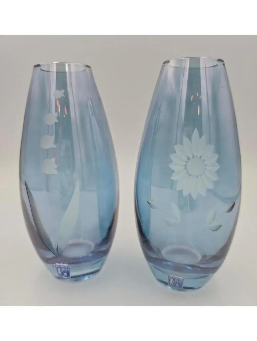 Vintage Pair Johan Fors Sweden Blue Glass Vases Etched Floral w/Original Sticker